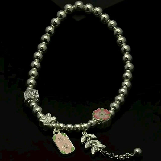 999.9 Fine Silver Bracelet with "Peace" Charm, Floral & Leaf Accents, Lucky Chinese Style Jewelry for Women
