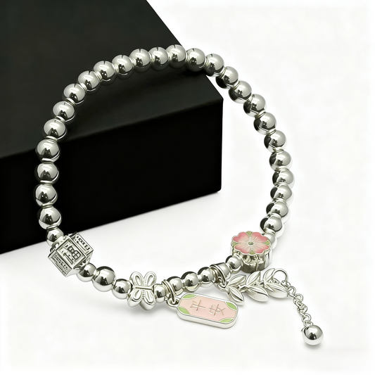 999.9 Fine Silver Bracelet with "Peace" Charm, Floral & Leaf Accents, Lucky Chinese Style Jewelry for Women