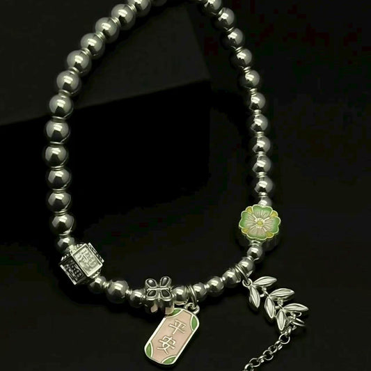999.9 Fine Silver Bracelet with "Peace" Charm and Floral Accents, Lucky Chinese Style Jewelry for Women