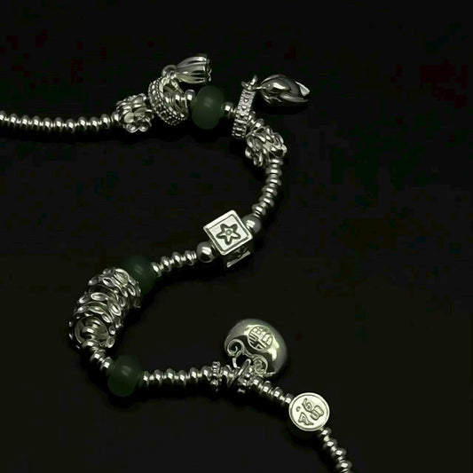 999.9 Pure Silver Bracelet with Green Beads & Lucky Charms, Elegant Handmade Jewelry for Women