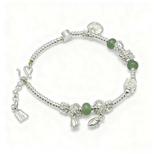 999.9 Pure Silver Bracelet with Green Beads & Lucky Charms, Elegant Handmade Jewelry for Women