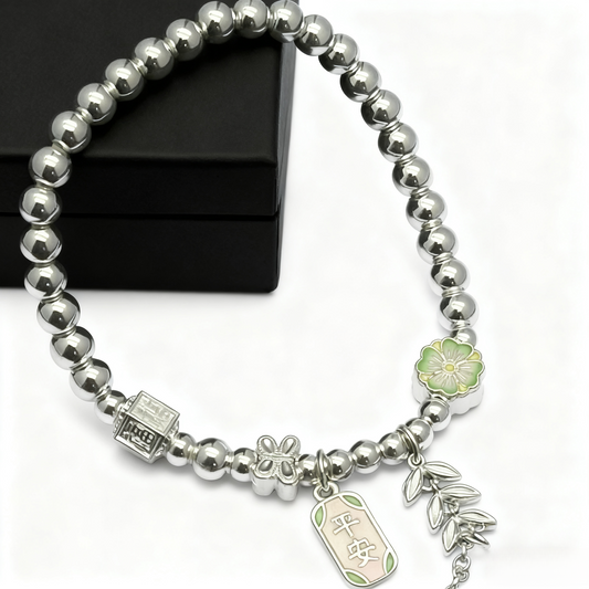 999.9 Fine Silver Bracelet with "Peace" Charm and Floral Accents, Lucky Chinese Style Jewelry for Women